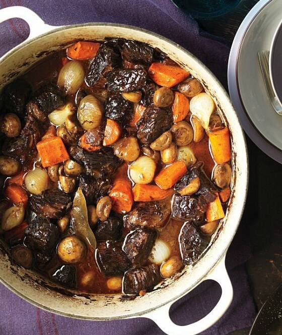 Beef bourguignon, pearl onions, lardons, carrots and beef braised in red wine