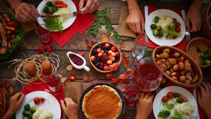 Thanksgiving Dinner with Roasted Turkey, Mashed Potatoes, Brussel Sprouts, Pumpkin Pie