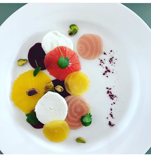 Variety of sliced roasted beets, citrus rounds, slices of goat cheese, pistachio, beet powder, citrus ginger vinaigrette