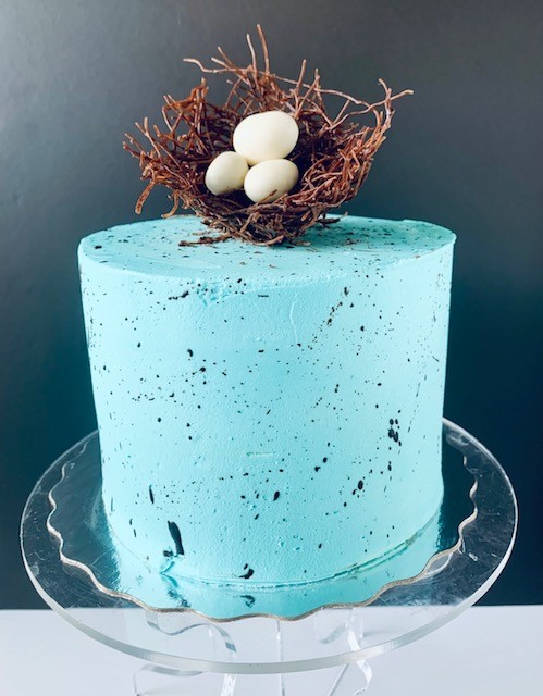Robin's egg blue cake, brown speckles, chocolate "nest", candied eggs in nest